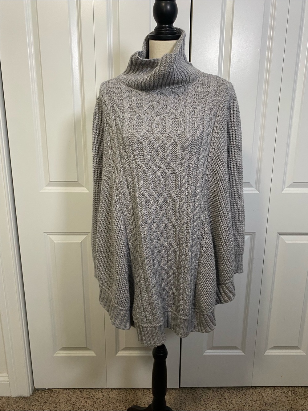 Aran Sweater Market Cozy Gray Cable-Knit Merino Wool Turtleneck Sweater Poncho